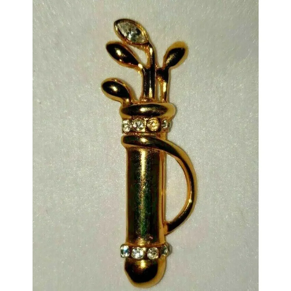 Vintage Gold Tone Golf Bag‎ And Clubs Brooch / Pin With Rhinestones